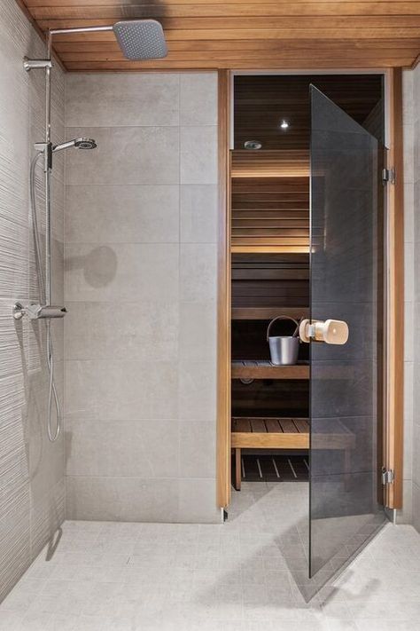 Sauna In Shower Room, Built In Sauna Home, Indoor Sauna Ideas Home Bathroom, Sauna Shower Ideas, Sauna In Bathroom Master Bath, Bathroom With Sauna Ideas, Small Sauna In Bathroom, Bathroom With Sauna Layout, Small Sauna Ideas