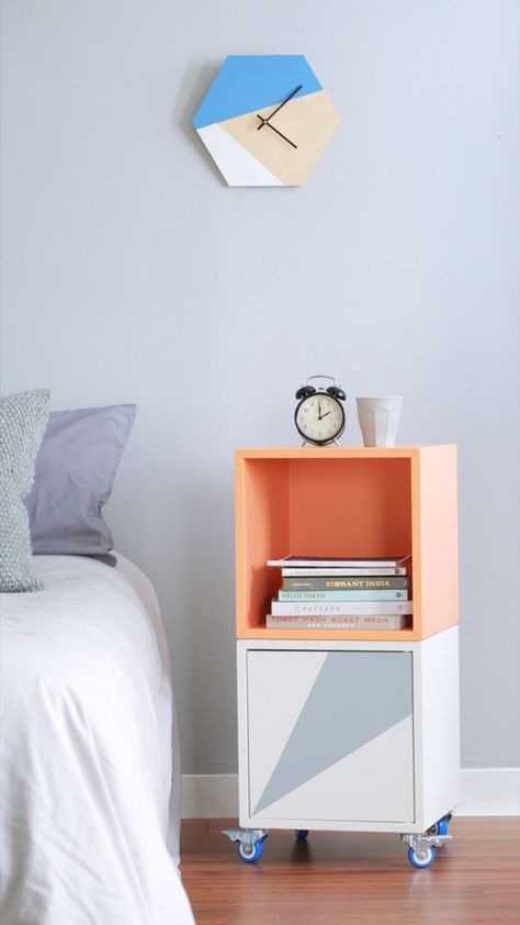 4 ways to use the EKET cube as a bedroom nightstand - IKEA Hackers Ikea Bedside Tables, Eket Ikea, Apartment Hacks Diy, Apartment Therapy Bedroom, Ikea Bedside, Bedside Table Ikea, Ikea Side Table, Ikea Eket, Ikea Apartments