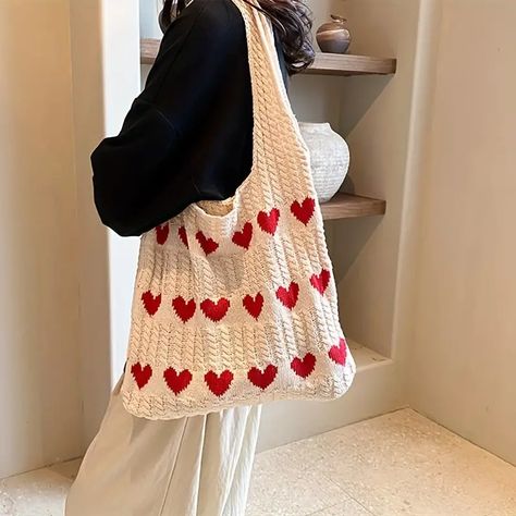 Trendy Heart Pattern Knitted Tote Bag, Large Capacity Shoulder Bag, Perfect Underarm Bag For Daily Use - Temu Knitted Heart Pattern, Tote Crochet, Tas Bahu, Heart Crochet, Knitting Tote Bag, Knitting Tote, Knitted Bag, Knitted Heart, Crochet Shoulder Bag