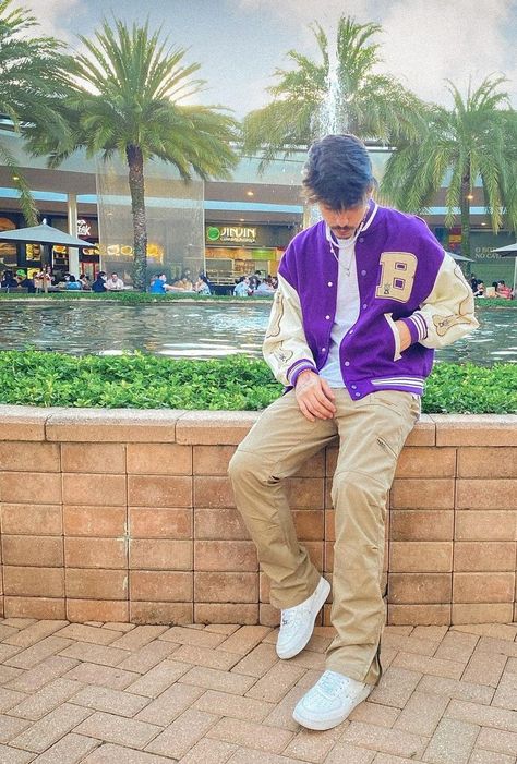 Purple Varsity Jacket Outfit Mens, Purple Jacket Outfit Men, Violet Jacket Outfit, Purple Varsity Jacket Outfit, Varsity Jacket Outfit Mens, Purple Jacket Outfit, Cute Guy Outfits, Varsity Outfit, Streetwear Outfit Men