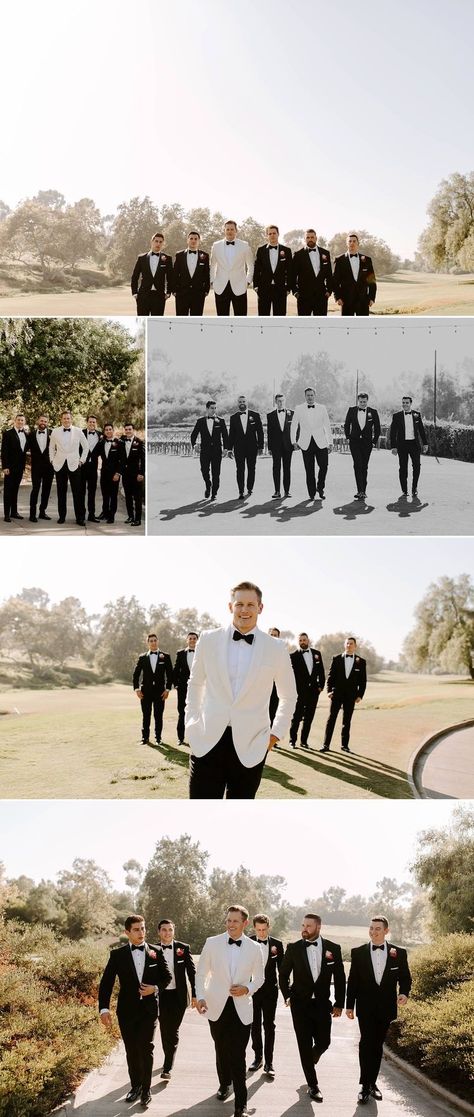 White Suit And White Wedding Dress, White Groomsmen Suits, Pictures Of Groom, Groom Tux Ideas, Groom White Jacket, Black And White Groomsmen Attire, Bride And Groomsmen Pictures, White Tux Groom, Black Suit Groomsmen