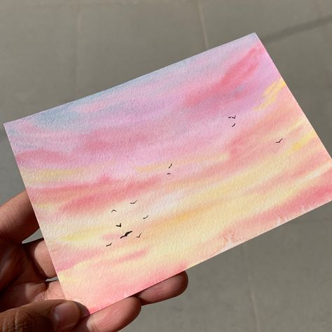 Pink Sky Watercolor Paintings, Simple Sunset Watercolor Painting, Asthetic Drawings Watercolor, Watercolor Art Basic, Basic Watercolor Painting For Beginners Flowers, Sunset Sky Painting Easy, Sunset Simple Painting, Watercolor Clouds Sunset, Pink Sky Watercolor