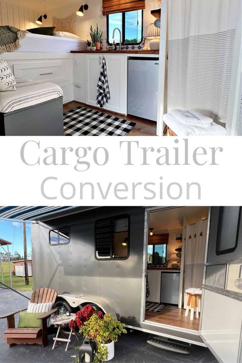 A cargo trailer conversion turned tiny RV with all the comforts of home for all kinds of camping adventures. Cargo Trailer Tiny House Conversion, Small Camper Floor Plans, 7x14 Cargo Trailer Conversion, Box Trailer Camper Conversion, Cargo Trailer Conversion Toy Hauler, Enclosed Trailer Camper Conversion, Converted Cargo Trailer, Enclosed Trailer Camper, Cargo Trailer Camper Conversion