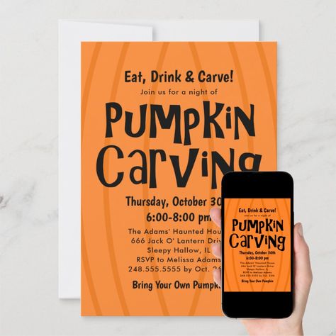 Pumpkin Carving Orange and Black Halloween Party Invitation  Zazzle Black Halloween Party, Halloween Games Activities, Pumpkin Carving Party Invitations, Pumkin Carving, Pumpkin Carving Party, Amazing Pumpkin Carving, Easy Pumpkin Carving, Free Birthday Card, Fun Pumpkins