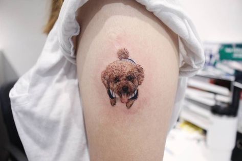 The 14 Best Poodle Dog Tattoo Ideas | PetPress Poodle Dog Tattoo, Dog Ear Tattoo, Poodle Portrait, Poodle Tattoo, Small Dog Tattoos, Yorkie Poodle, Dog Tattoo Ideas, Small Poodle, Portrait Tattoos