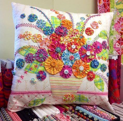 Quilt guild color challenge idea.  I like the use of the embroidery stitches, beads and buttons.   I need to make a wall quilt, clothing item or tote bag, not a pillow.