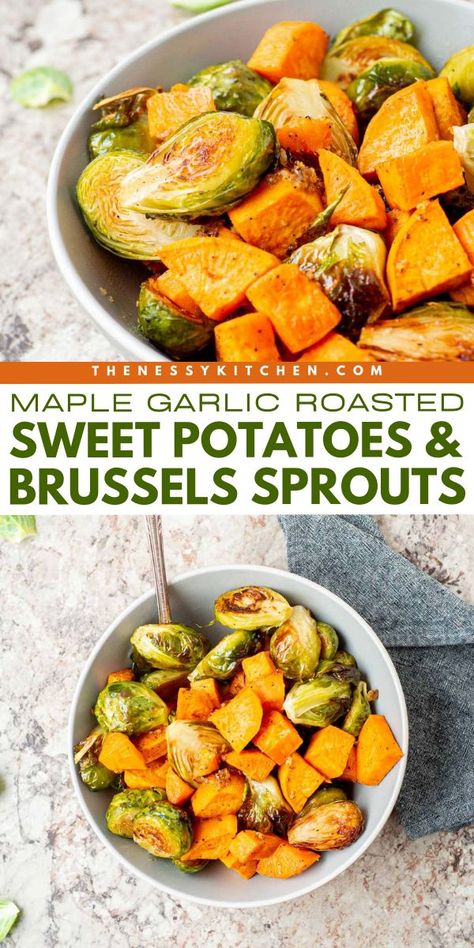 Look forward to these Maple Garlic Roasted Sweet Potatoes and Brussels Sprouts! 7 ingredients are all you need for this simple fall recipe. Healthy with a delicious blend of seasonal flavors, these oven roasted veggies are an easy Thanksgiving side dish everyone will love! Brussel Sprouts And Sweet Potato Recipe, Sweet Potatoes With Maple Syrup, Thanksgiving Dinner Sides, Easy Healthy Side Dishes, Roasted Veggies In Oven, Oven Roasted Sweet Potatoes, Thanksgiving Side Dishes Easy, Thanksgiving Dinner Menu, Thanksgiving Dinner Recipes