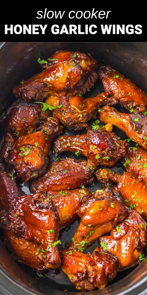 honey garlic wings in a crockpot Crockpot Barbecue Wings, Slow Cooker Sticky Chicken Wings, Crockpot Recipes Wings, Honey Garlic Chicken Wings Crockpot, Honey Bbq Wings Crockpot, Chicken Wingettes Crockpot, Crockpot Teriyaki Chicken Wings, Crockpot Sticky Wings, Slow Cooker Hot Wings