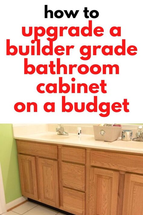 Upgrade Builder Grade Bathroom, Cabinet Makeover Paint, Vanity Makeover Diy, Bathroom Vanity Update, Upgrade Builder Grade, Navy Blue Vanity, Builder Grade Bathroom, Cheap Bathroom Makeover, Oak Bathroom Cabinets