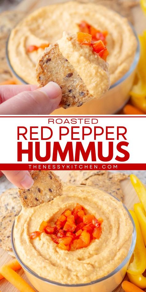 The BEST Roasted Red Pepper Hummus! Creamy with a sweet and smoky flavor from roasted peppers, this homemade hummus is a perfect party food idea. Save this 4th of July recipe and enjoy this dip! Homemade Hummas, Pickle Hummus, Red Pepper Hummus Recipe, Buffalo Chicken Pasta Salad, Best Vegetable Recipes, Hummus Recipe Homemade, Healthy Finger Foods, Pepper Hummus, Roasted Red Pepper Hummus