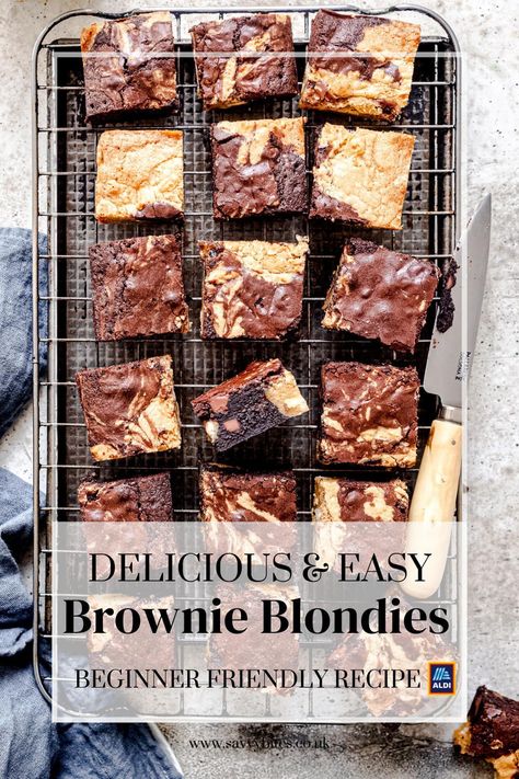 Thick and chewy squares of brownie and blondie marbled together to make the perfect easy dessert. Soft and chewy they are the best marble brownie you'll find! Blondie Brownies Easy, Brownie And Blondie Recipes, Brownie Blondies Recipe, Marble Brownies Recipe, Brownie Recipes Uk, Chewy Squares, Marbled Brownies, Savvy Bites, Marble Brownies