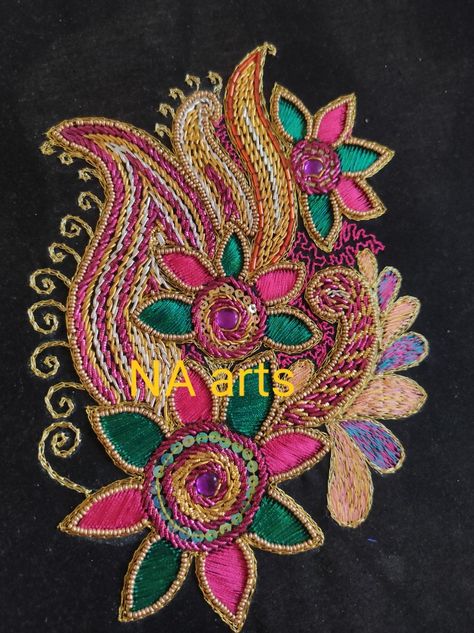 Zardosi Stem Stitch Design, Stem Stitch Design, Teddy Bear Template, Liquid Embroidery, Rope Stitch, Brown Saree, Bear Template, Choli Design, Peacock Drawing