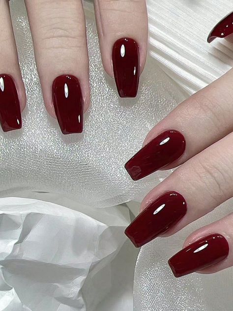 Free Returns ✓ Free Shipping✓. 24pcs Short Coffin Shape Luxury Cherry Red Nail Tips With 1pc Nail Buffer And 1pc Jelly Gel- Press On Nails at SHEIN. Red Nail Tips, Cherry Red Nail, Holo Nail Polish, Solid Color Nails, Coffin Shape Nails, Burgundy Nails, Red Nail, Nail Buffer, Nails Magazine