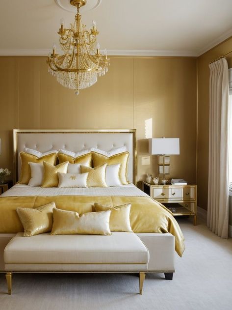 Elevate your bedroom with a luxurious golden yellow accent wall. Complete the look with a sleek white bed frame, plush velvet pillows, and a statement chandelier for a touch of glamour. Golden White Bedroom, His And Her Bedroom Ideas Couple, Master Bad Room, Washroom Layout, His And Hers Bedroom Ideas, Bedroom Ideas Couples, Yellow Accent Wall, Golden Bedroom, White And Silver Bedroom