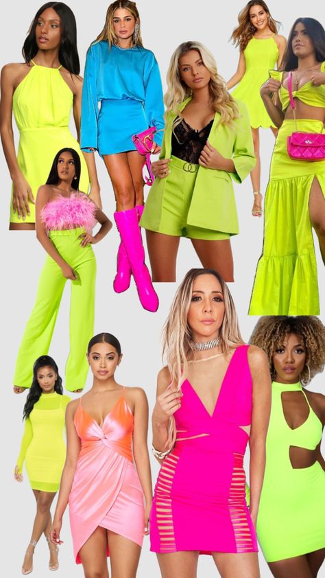 Neon bachelorette outfits #outfitinspo #bacheloretteparty #bachelorettetheme #bacheloretteweekend Bachelorette Neon Outfits, Neon Outfit Bachelorette Party, Neon Theme Bachelorette Party Outfits, Neon Theme Party Outfit, Miami Nights Theme Party Outfit, Neon Summer Outfits, Bright Color Bachelorette Party Outfits, Neon Bachelorette Theme, Neon Glam Outfit