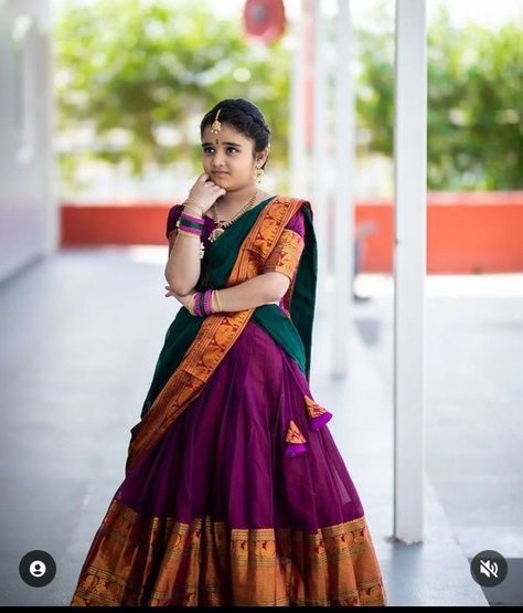 Narayanpet Outfits, Narayanpet Half Sarees, Narayanpet Lehenga, Pavadai Thavani, Pattu Lehenga Half Saree, Green Half Saree, Pattu Frocks, Floral Skirt Outfits