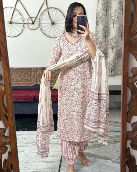 New arrival 💓💓 Look straight out of a dreamy movie set as you turn around and walk in this elegant flared suit ! The perfect of traditional wear 🦋🦋🦋🦋🦋🦋🦋🦋 _New straight kurta set with new style in saganeri block print_ Size available - 38(M),40(L),42(XL),44(XXL) 46(3XL) Material - Cotton pant - Afgani pattern Work-Adda work detailing& beautiful embroidery Kurti length - 45-46 inches Pant length - 39 inches Dupatta length- 2.2meter c Sleeves - 3/4 sleeve Price - Rs. 825 + Shi... Afghani Salwar Suit, Afghani Suit, Marriage Suits, Glam Wardrobe, Clothing Rack Display, Embroidery Kurti, Ethereal Dress, Traditional Indian Outfits, Cotton Kurti