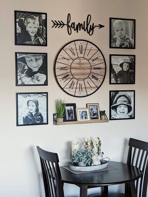 Picture Layouts On Wall Living Rooms, Gallery Wall With Round Mirror In Center, Picture Wall With Clock In Middle, Gallery Wall With Clock Layout, Round Mirror And Picture Wall Layout, Breakfast Nook Wall Ideas, Clock And Picture Wall Layout, Gallery Wall With Clock, How To Arrange Pictures On Wall