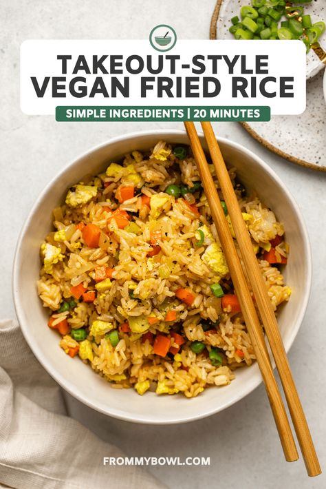 Learn how to make the best Vegan Takeout-Style Fried Rice at home, in only 20 minutes! This Fried Rice is perfectly seasoned, fluffy, and golden. Fried Rice At Home, Vegan Fried Rice, Carrot Fries, Making Fried Rice, Seasoned Veggies, Kimchi Fried Rice, Vegan Asian, Vegan Beans, Baked Tofu