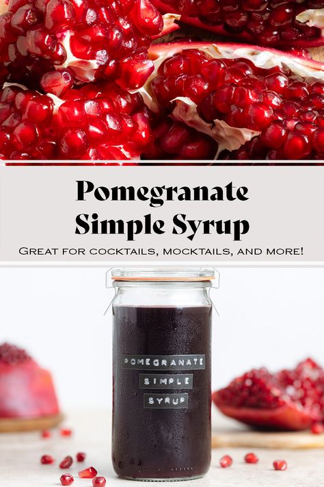 This Pomegranate Simple Syrup has only 2 ingredients and it can be ready in less than 10 minutes! It's one of the easiest simple syrups you can make at home and it has a ton of uses! Add it to cocktails, mocktails, tea, soda, or any other drink! It's totally fool-proof and freezer-friendly! It's always a hit and makes the best fall and winter holiday drinks! Pomegranate Simple Syrup, Canning Simple Syrup, Pomegranate Syrup Recipe, Holiday Simple Syrup, Grapefruit Syrup Recipe, Roasted Frozen Green Beans, Homemade Syrups, Pomegranate Syrup, Simple Syrup Recipe