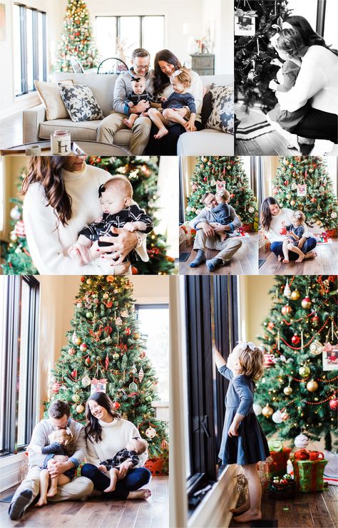 Christmas Photos By The Tree, Holiday Pictures At Home, Indoor Family Pictures Christmas, Lifestyle Family Christmas Photos, Christmas Family Pics At Home, Christmas Family Photo At Home, Simple Family Christmas Pictures At Home, Home Christmas Pictures Ideas, Christmas Picture At Home