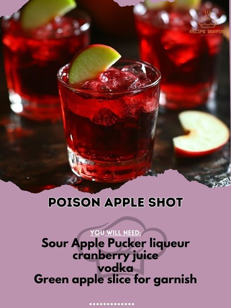 🍏✨ Dive into the dark side with this sinister Poison Apple Shot! Perfect for spooky gatherings. 🎃🔮 Poison Apple Shot Ingredients: - 1 oz. Sour Apple Pucker liqueur - 1 oz. cranberry juice - 1 oz. vodka - Green apple slice for garnish Instructions: 1. Fill a shaker with ice. 2. Add Sour Apple Pucker, cranberry juice, and vodka. 3. Shake well and strain into a shot glass. 4. Garnish with a green apple slice. 5. Serve and enjoy responsibly! Unleash your inner wickedness with this tantalizing... Apple Pucker Drinks, Shots Alcohol Recipes, Sour Apple Pucker, Cranberry Juice And Vodka, Bartender Drinks Recipes, Apple Pucker, Fun Party Drinks, Apple Slice, Iced Drinks Recipes