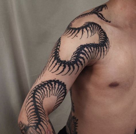 Large Arm Tattoos Men, Forest Creature Tattoo Sleeve, Cobra Skeleton Tattoo, Centipede Flower Tattoo, Snake Skeleton Tattoo Arm, Snake Skeleton Spine Tattoo, Skeletal Snake Tattoo, Mushroom Neck Tattoo, Full Body Snake Tattoo