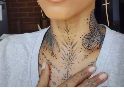 Dot Work Throat Tattoo, Fine Line Throat Tattoos Women, Throat Ornamental Tattoo, Fine Line Throat Tattoo, Ornament Neck Tattoo, Dot Neck Tattoo, Spiritual Throat Tattoo, Chest And Throat Tattoo, Minimal Throat Tattoo