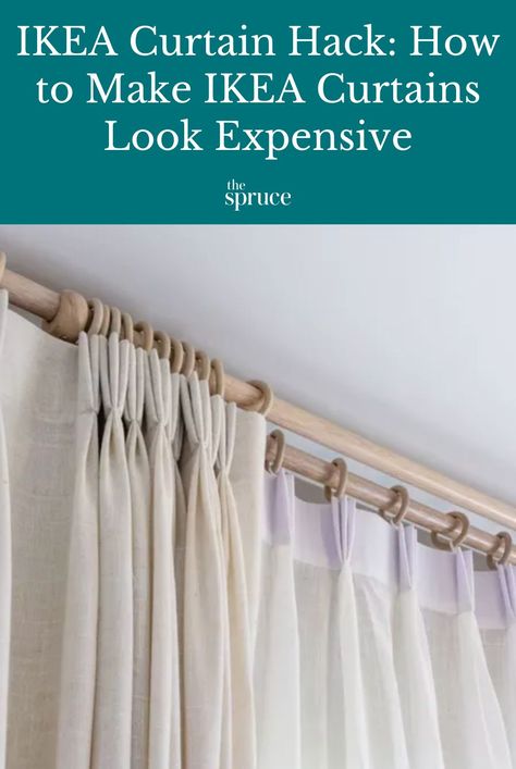 With this easy DIY you can easily transform budget-friendly IKEA curtains in to curtains that look tailored. Follow our instructions for the IKEA curtain hack. #ikeahack #apartmentdecor #apartmentdecoratingonabudget #apartmentliving #smallspacedecorating #thespruce How To Make Ikea Curtains Look Expensive, Ikea Drapes Hack, Ikea Luxury Curtain Hack, Ikea Beige Curtains, Ikea Hannalill Curtains Beige, Vilborg Curtains Ikea Beige, Ikea Tibast Curtains, Tibast Curtains Ikea, Ikea Hannalill Curtains