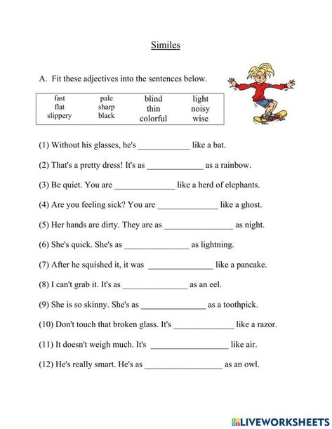 Similes Worksheet Grade 4, Similes Worksheet, English Beginner, Simile Worksheet, Class Worksheets, Part Of Speech Grammar, Spelling Homework, Figurative Language Worksheet, Speech Therapy Tools