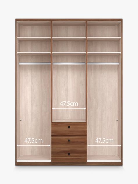 John Lewis & Partners Marlow 150cm Hinged Door Wardrobe with 3 Drawers Three Door Wardrobe Design, Wardrobe Interior Design Shelves, Built In Wardrobe Ideas Layout, 3 Door Wardrobe Design, Built In Wardrobe Doors, Middle Door, Bedroom Wardrobe Ideas, Wardrobe With Mirror, Three Door Wardrobe