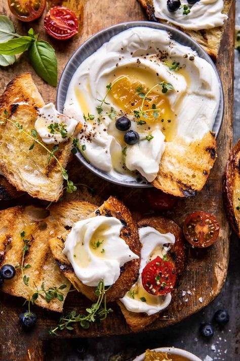 Whipped Ricotta Toast with Marinated Tomatoes and Lemon Thyme Honey...a simple appetizer for your next spring or summer gathering! Half Baked Harvest Appetizers, Harvest Appetizers, Whipped Ricotta Toast, Thyme Honey, Half Baked Harvest Recipes, Ricotta Toast, Whipped Ricotta, Marinated Tomatoes, Ricotta Recipes