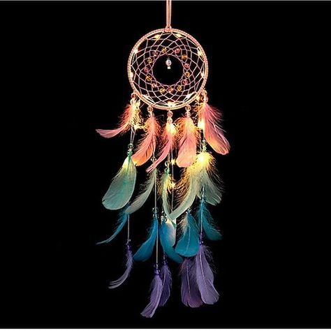 Chandelier Ornaments, Dream Catcher Wall Decor, Purple Dream Catcher, Feather Chandelier, Decoration For Bedroom, Wall Hanging Lights, Led Wall Decor, Dream Catcher Wall, Feather Dream Catcher