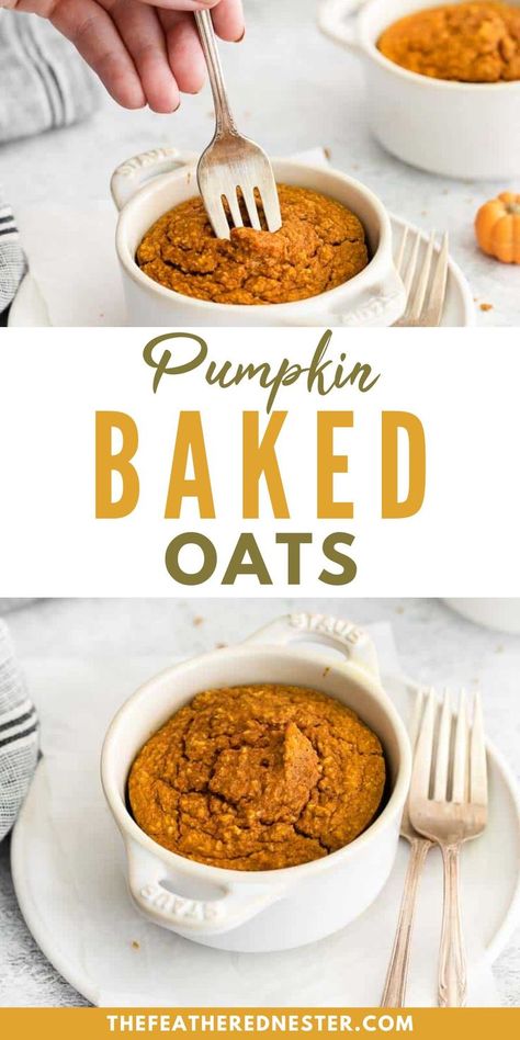 These Pumpkin Baked Oats are the perfect breakfast for fall! The mix of baked oatmeal and pumpkin spice is just what you need to start your day off right. Baked Oats Pumpkin Spice, Pumpkin Baked Oats, Pumpkin Baked Oatmeal, Breakfast For Busy Mornings, Low Calorie Pumpkin, Baked Pumpkin Oatmeal, Pumpkin Breakfast Recipes, Pumpkin Overnight Oats, Pumpkin Puree Recipes