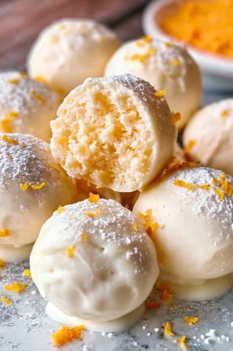 Indulge in creamy Orange Creamsicle Truffles! 🍊🍫 Perfect blend of citrus and chocolate for a sweet treat. Easy, no-bake recipe! #Dessert #Truffles #NoBake Orange Balls No Bake, No Bake Orange Creamsicle Truffles, Orange Creamsicle Truffles Recipe, Easy Orange Dessert Recipes, Recipes Using Fresh Oranges, Orange Dessert Recipes, Cuties Oranges, Orange Desserts Easy, Orange Creamsicle Truffles