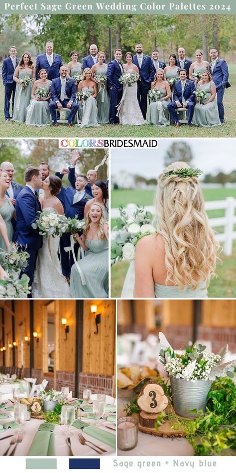 Summer Wedding Colors Sage Green, Sage Green Wedding Family Photos, Navy Sage Green Wedding, Sage Green Navy Blue Color Palettes, Spring Wedding Color Palette Green, Navy And Sage Green Wedding, Sage Green Wedding Theme Color Palettes, Blue Sage Wedding, Sage Green Wedding Color Schemes