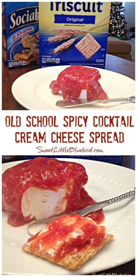 SPICY COCKTAIL CREAM CHEESE SPREAD -  Remember this old school appetizer?  One of my all-time favorites - ridiculously simple to make, so good. You can add shrimp or crab too. YUM!!!  | SweetLittleBluebird.com Shrimp Cocktail Cream Cheese Appetizer, Dips Over Cream Cheese, Cream Cheese And Cocktail Sauce Dip, Crab Cream Cheese Dip Cocktail Sauce, Hot Crab Dip Recipe With Cream Cheese, Mini Shrimp Recipes, Sauce Cocktail, Spicy Cocktail, Gluten Free Puff Pastry