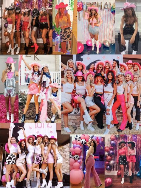 Cute Disco Cowgirl Outfits, Cowboy Disco Bachelorette Party Outfit, Disco Cowgirl Bachelorette Outfit Pink, Cowgirl Hen Party Outfit, Pink Western Bachelorette Outfit, Nashville Bachelorette Photoshoot, Space Cowboy Bachelorette Party Outfit, Electric Cowgirl Party, Space Cowgirl Bachelorette Party Outfit