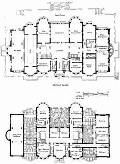 1873-76. Kensington House, London - Built by Baron Albert Grant (Gottheimer) in 1873–6, Architect James Knowles, Jr. The Grand Hall was 90' wide. The building was never lived in, and was demolished in 1882. Country House Floor Plan, Dm Inspiration, Old English Manor, Manor House Plans, Manor Floor Plan, Castle Layout, Mansion Plans, Kensington House, Castle Floor Plan