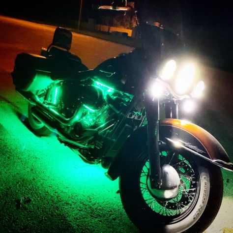 Motorcycle LED Strip Lights - 2019 Harley Davidson Softail Heritage with Bright LED lights, green underglow Ceiling Mounted Curtains, Harley Wheels, Motorcycle Headlight Ideas, Harley Davidson Softail Heritage, Hd Street Glide, Motorcycle Headlight Design, Softail Heritage, Led Lights Motorcycle, Motorcycle With Led Lights