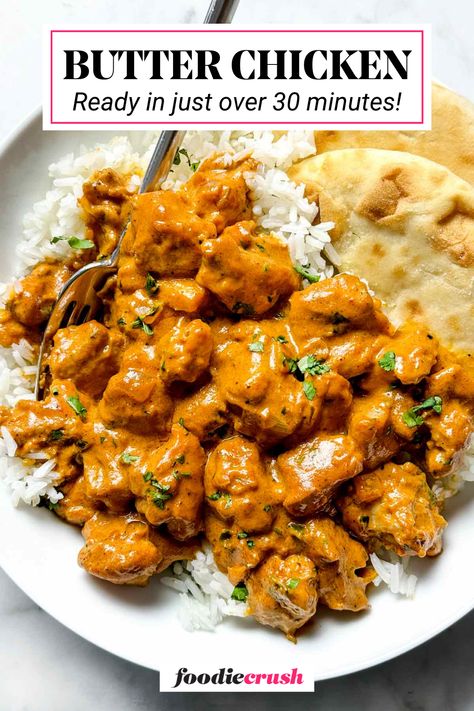 This flavorful Butter Chicken recipe is ready in just over 30 minutes, making it perfect for busy weeknights!  Tender chicken thighs are simmered in a creamy tomato sauce bursting with warm Indian spices.  Finished with a touch of lime juice and fresh cilantro, it's a delicious and satisfying meal that the whole family will love. Serve it over basmati rice and naan for a complete and flavorful experience. Quick Butter Chicken Recipe, Butter Chicken And Naan Recipe, Indian Butter Chicken Recipe Easy, Butter Chicken Bake, Butterchicken Indian Recipe, Easy Butter Chicken, Butter Chicken Recipe Indian, Basmati Rice Recipes, Butter Chicken Sauce