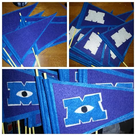 Monsters University flags Monsters University Crafts, Monster University Party Ideas, Monsters Inc Homecoming Float, Monsters Inc Float Ideas, Monsters University Aesthetic, Monsters University Decorations, Monsters Inc Decorations Classroom, Monsters Inc Decor, Monster Inc Decorations