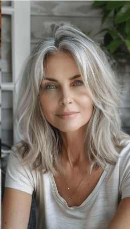 Med Length Grey Hairstyles, Over 50 Mid Length Hairstyles, Long Bob Hairstyles Grey Hair, Long Layered Gray Hair, Grey Lob Haircut, Grey Bob Hairstyles Over 50, Layered Grey Hair, Short Gray Hair, Silver Blonde Hair