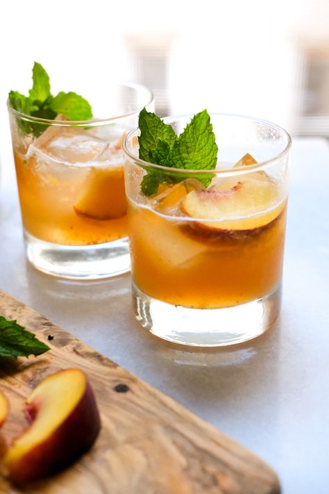 Peach Bourbon Smash Cocktail Recipe | Kiersten Hickman Bourbon Smash Cocktail, Peach Basil, Frozen Strawberry Margarita, Brown Sugar Simple Syrup, Peach Bourbon, Warm Cocktails, Peach Whiskey, Bourbon Smash, Peach Cocktail