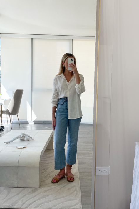 White Linen Shirt Women Outfit, White Linen Shirt Outfit, Shirt Casual Outfit, Outfits Greece, Linen Shirt Outfit, Casual Beach Outfit, Crystal Wedding Earrings, Earrings For Bride, Business Casual Summer