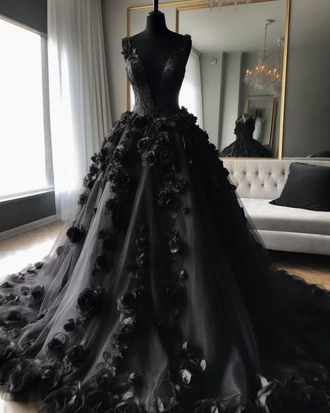 Gothic Ballgown Aesthetic, Black Ballgown Victorian, Black Princess Wedding Dress, Black Fairytale Wedding Dress, Morticia Addams Prom Dress, Goth Fairy Dress, Black Princess Dress Ball Gowns, Black Fairy Wedding, Dark Fairytale Wedding Dress