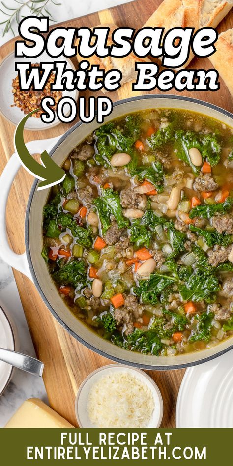 Craving comfort food that's actually good for you? This Sausage White Bean Soup combines Italian flavors with wholesome ingredients for a quick weeknight dinner that doesn't skimp on flavor. Sausage White Bean Kale Soup, Sausage Kale White Bean Soup, Sausage White Bean Soup, Sausage White Bean, Kale And White Bean Soup, Pumpkin Pasta Bake, Kale And White Bean, Creamy White Beans, White Bean Kale Soup