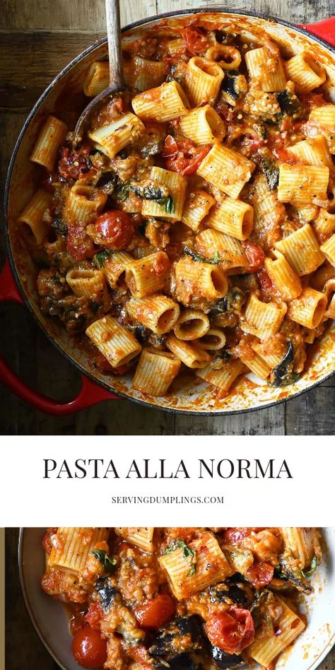 Pasta alla Norma Sheet Pan Baked Pasta Alla Norma, Vegetarian Pasta For A Crowd, Eggplant Alla Norma, Pasta A La Norma Jamie Oliver, Tuscan Pasta Vegetarian, Pasta All Norma, Sheet Pan Pasta Alla Norma, Healthy Dinner Pasta Recipes, Sausage And Eggplant Pasta