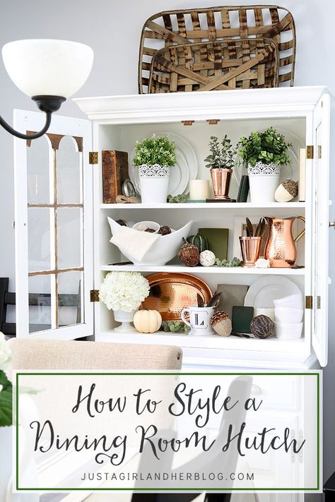 Love the beautifully styling of this dining room hutch-- she gives awesome styling tips too! | JustAGirlAndHerBlog.com Farmhouse Dining Room Hutch, Dining Room Hutch Decor, White Hutch, Shabby Chic Dining Room, Dining Hutch, Chic Dining Room, Shabby Chic Dining, Hutch Decor, Dining Room Hutch