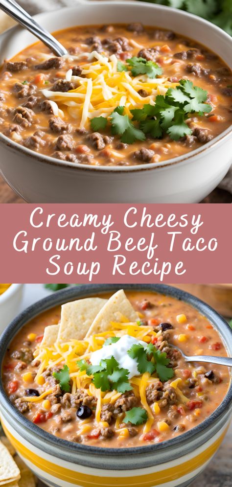 Cheesy Beef Soup, Creamy Taco Soup Recipe Ground Beef, Creamy Taco Bake, Cheesy Beef Taco Soup, Creamy Beef Taco Soup Recipe, Cheesy Taco Soup Recipe, Easy Creamy Taco Soup, Ground Beef Taco Soup Recipes, Ground Beef Soup Recipes For Dinner